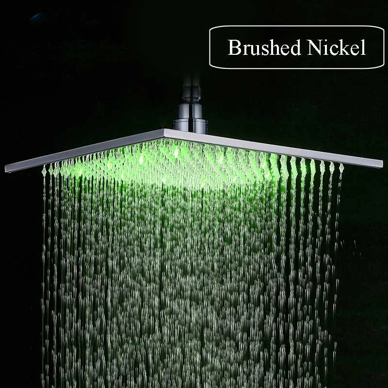 Luxury Brushed Nickel LED 16" Rainfall Shower Head Stainless Steel Square Color Changing Lights Showerhead