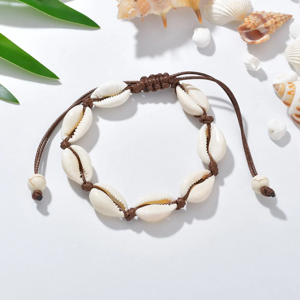 Bohemian Natural Sea Shell Charm Bracelets For Women Men Summer Sandy Beach Handmade String Rope Chains Bangle DIY Jewelry