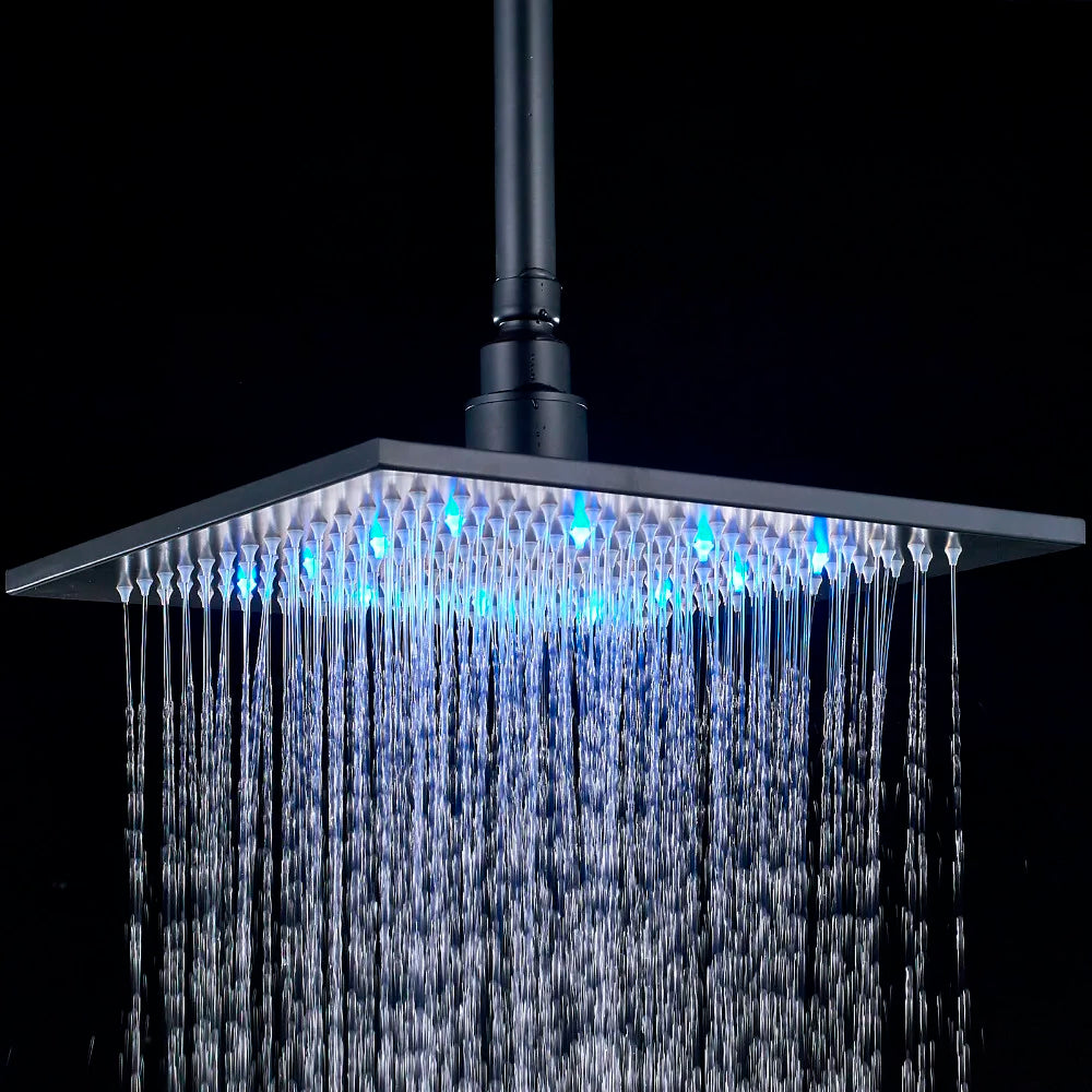Luxury Brushed Nickel LED 16" Rainfall Shower Head Stainless Steel Square Color Changing Lights Showerhead