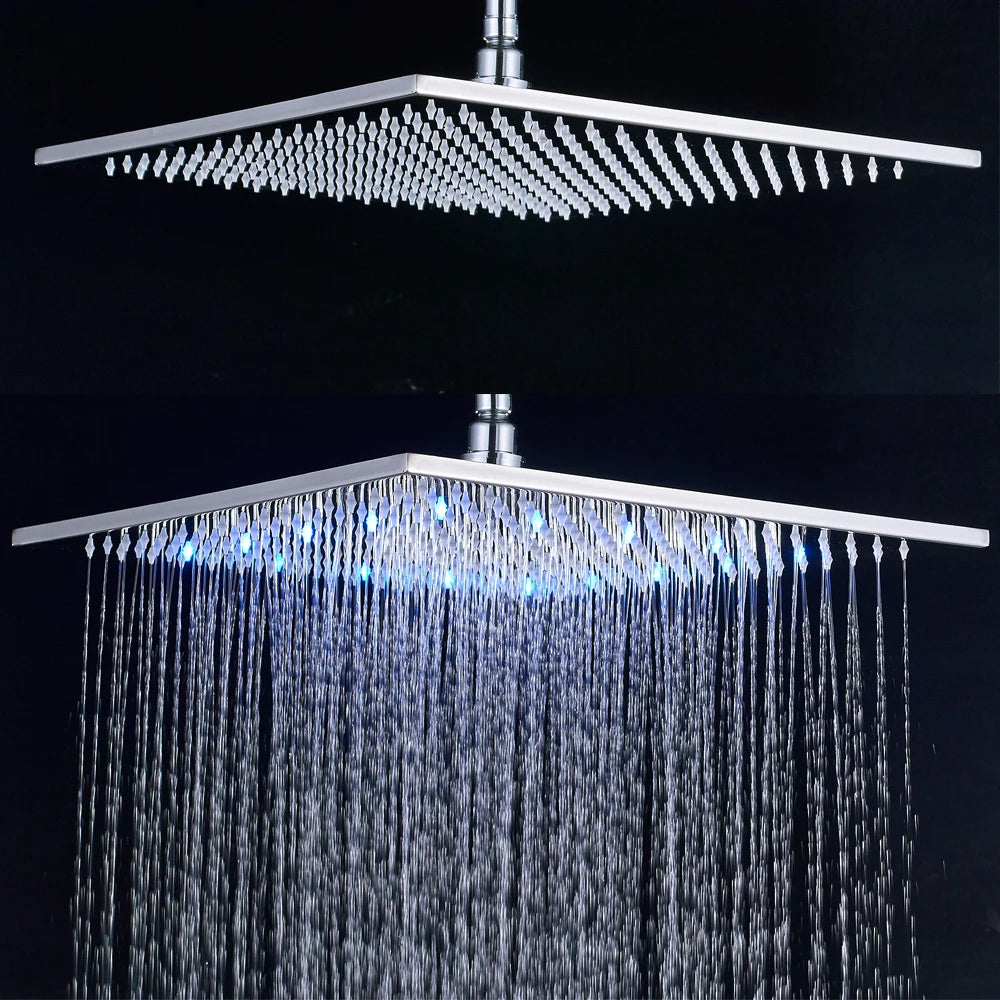 Luxury Brushed Nickel LED 16" Rainfall Shower Head Stainless Steel Square Color Changing Lights Showerhead