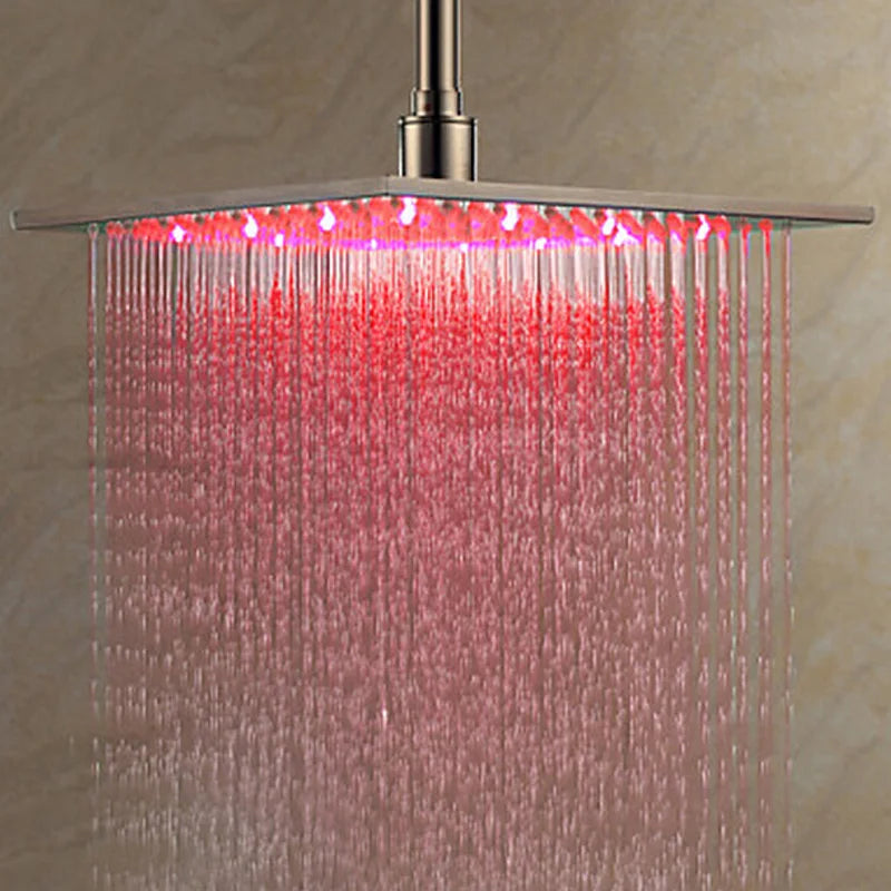 Luxury Brushed Nickel LED 16" Rainfall Shower Head Stainless Steel Square Color Changing Lights Showerhead