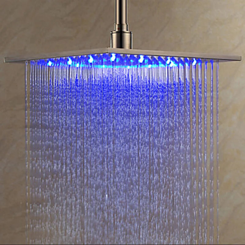Luxury Brushed Nickel LED 16" Rainfall Shower Head Stainless Steel Square Color Changing Lights Showerhead