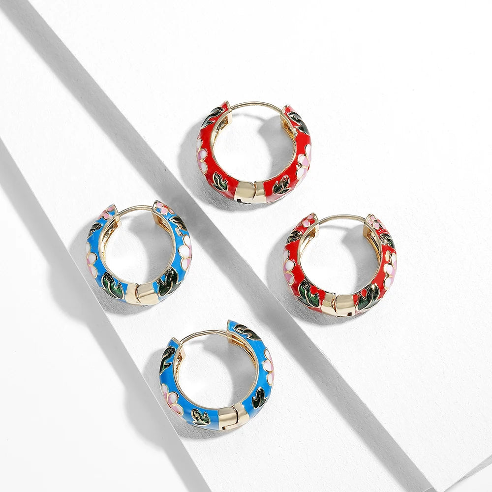 New Fashion Enamel Flower Huggie Hoop Earrings for Women Vintage Boho Circle Small Earrings Statement Jewelry 2022 Brincos Gifts