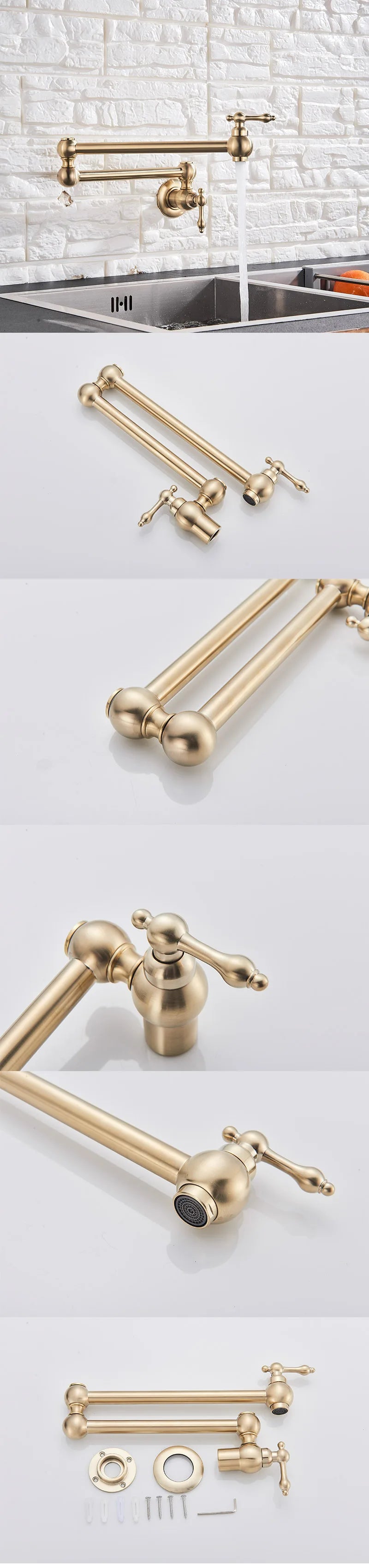 Senlesen Brushed Gold Foldable Kitchen Faucet Wall Mounted Single Cold Water Faucet Brass Rotate Folding Spout Pot Filler Tap