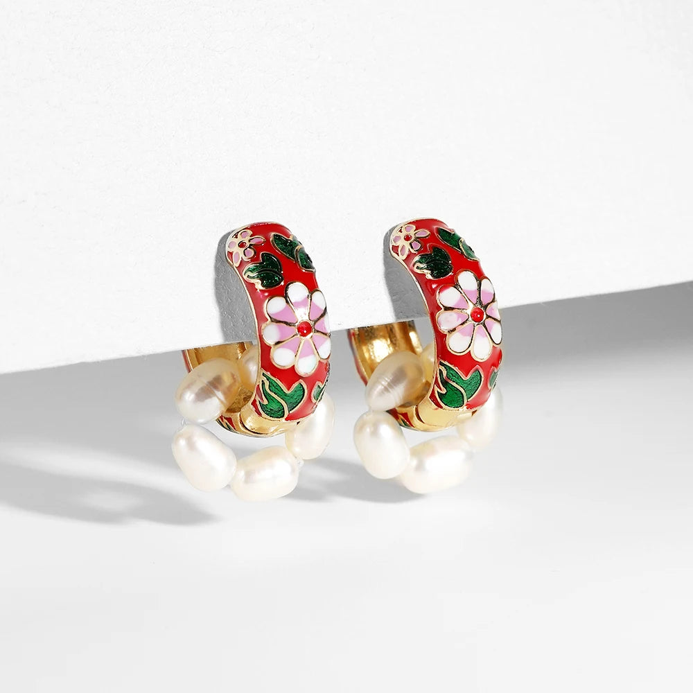New Fashion Enamel Flower Huggie Hoop Earrings for Women Vintage Boho Circle Small Earrings Statement Jewelry 2022 Brincos Gifts