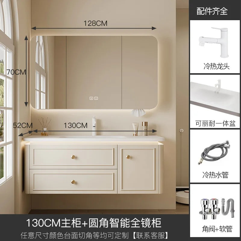 Modern Bathroom Cabinet Corian Integrated Ceramic Basin Oak Painted Cabinet French Premium Toilet Hand Wash Basin Combination