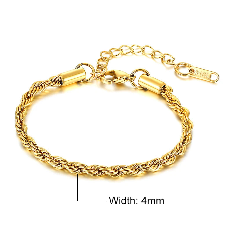 Vnox Unisex Rope Chain Bracelets for Men Women, Stainless Steel Twisted Links Chain Bracelet,Simple Classic Jewelry Gift for Him