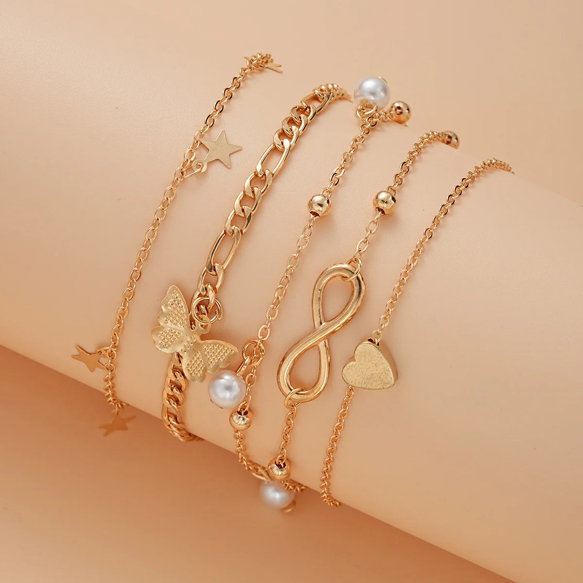 5Pcs Retro Multilayer Tassel Anklet Set for Women Bohemia Vintage Pearl Butterfly Star Heart Pendant Foot Bracelet Beach Jewelry