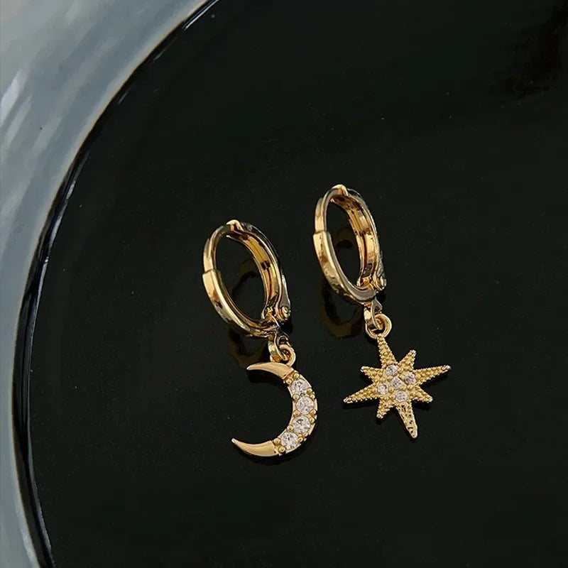 Minimalist Crystal Zirconia Stars Moon Huggie Hoop Earrings For Women Trendy Stainless Steel Circle Earrings Punk Rock Jewelry