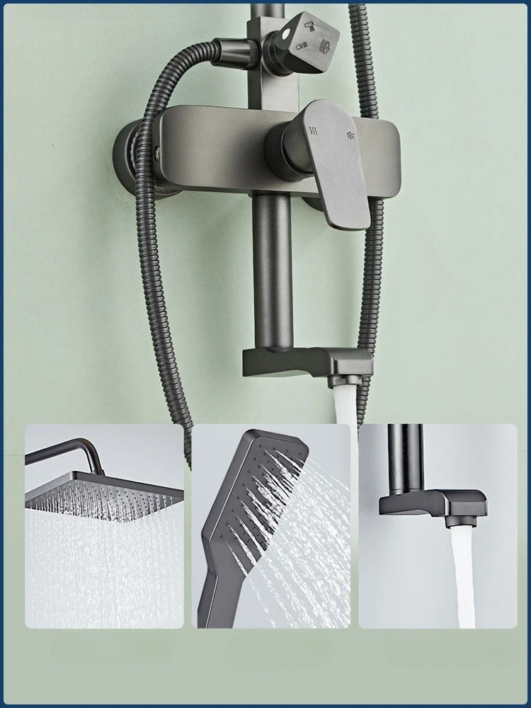 Grey Bathroom Shower Set Space Aluminum Three-function Wall Mounted Rotatable Faucets Rainfall Pressurized Shower Systerm
