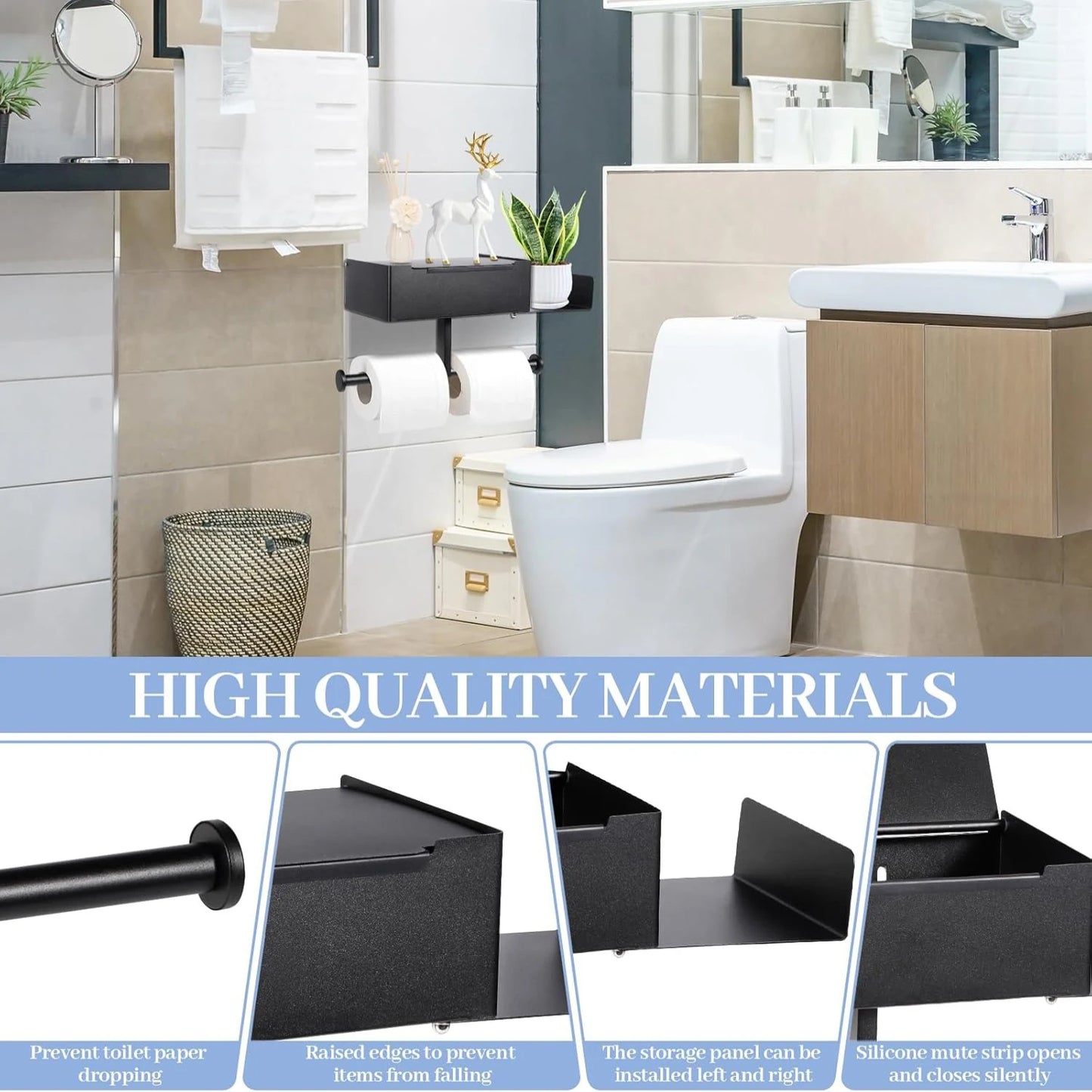 Toilet Paper Holder with Shelf Stainless Steel Paper Box Wall Mounted Wipes Holder for Bathroom Flushable Wipes Storage Holder