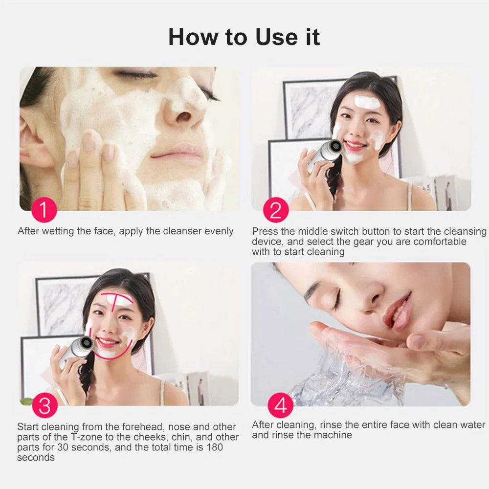 4 IN 1 Electric Facial Cleansing Brush Sonic Waterproof Rotate Rechargeable Face Cleaning Tool Pore Cleaner Facial Skin Machine