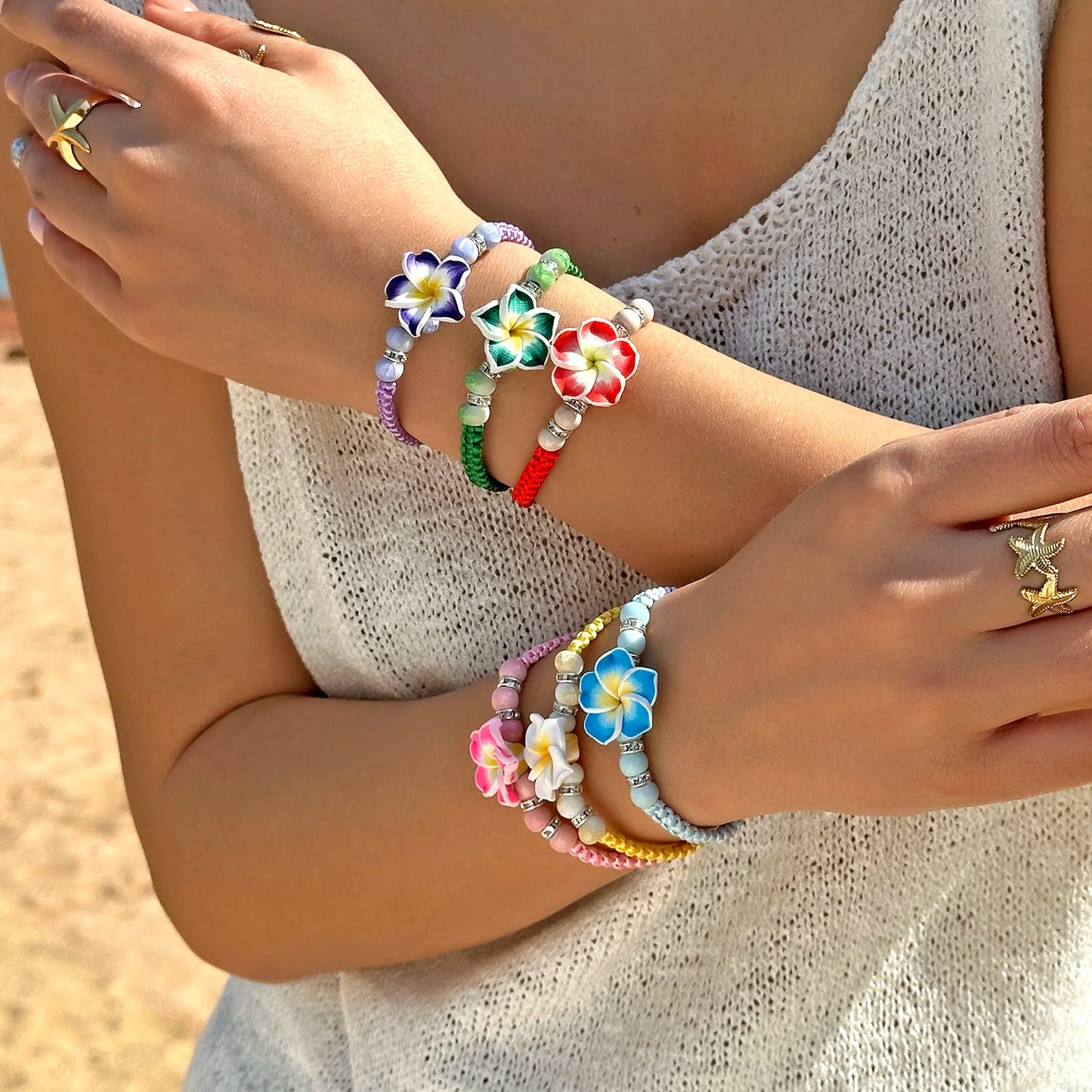 Bohemian Big Flower Charm Bracelets For Women Pink Red Blue Green Flowers Soft Clay Pottery Beaded Bangles Girls Party Jewelry