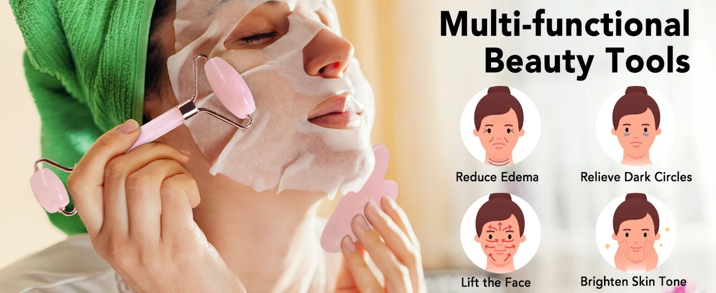Green Natural Jade Roller Gua Sha Set Facial Body Massager Roller Face Lifting Beauty Massage Tools Rose Glass Quartz Massager