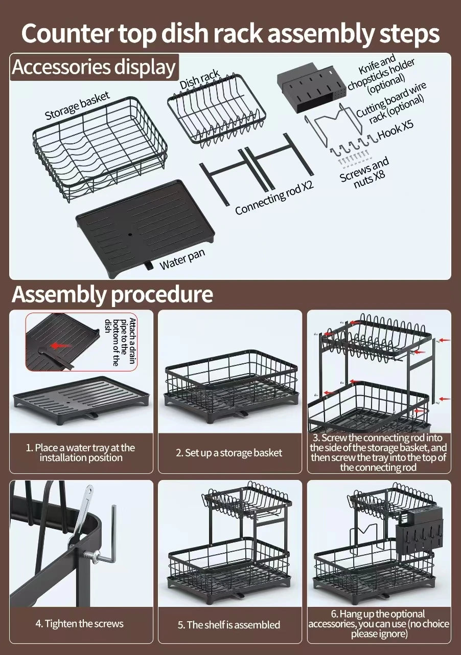 1 Or 2-Tier Space-Saving Kitchen Dish Drying Rack, Multifunctional Dish Rack, Rustproof Kitchen Dish Drying Rack With Drainboard