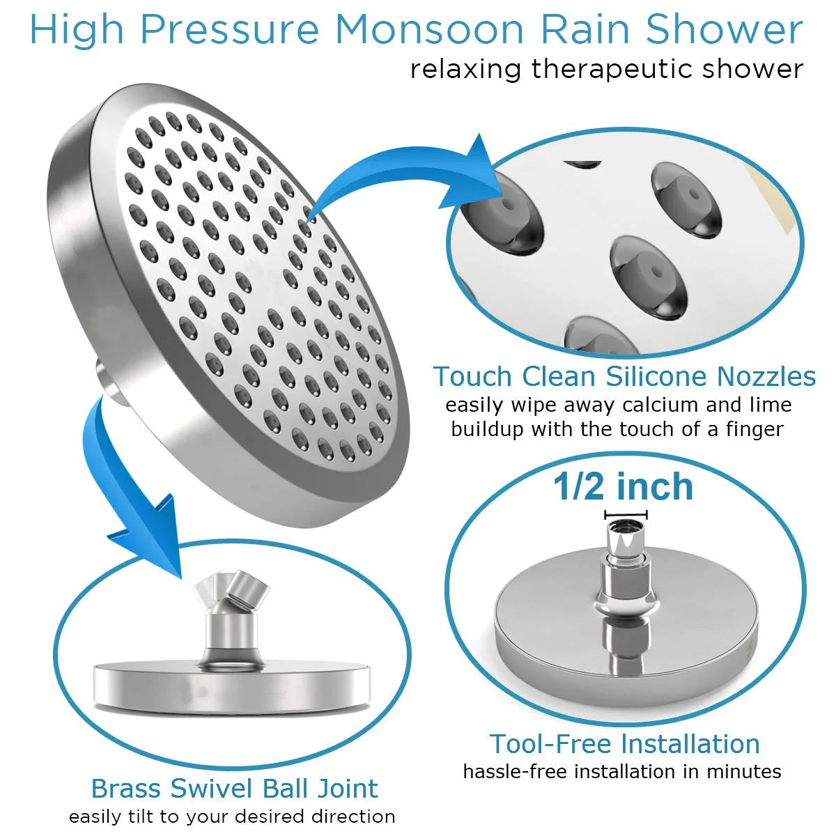 New 6 inches High Pressure Rain Shower Head with Arm 1min Installation Polished Chrome Rainfall Showerhead Anti-Clogging Nozzles