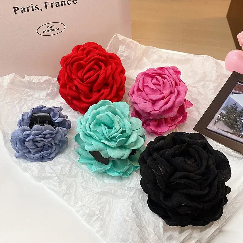 Korean Fabric Rose Flower Hair Claw Clip Women Girls Fashion Barrettes Plastic Hair Grab Clamp Headwear Hair Accessories