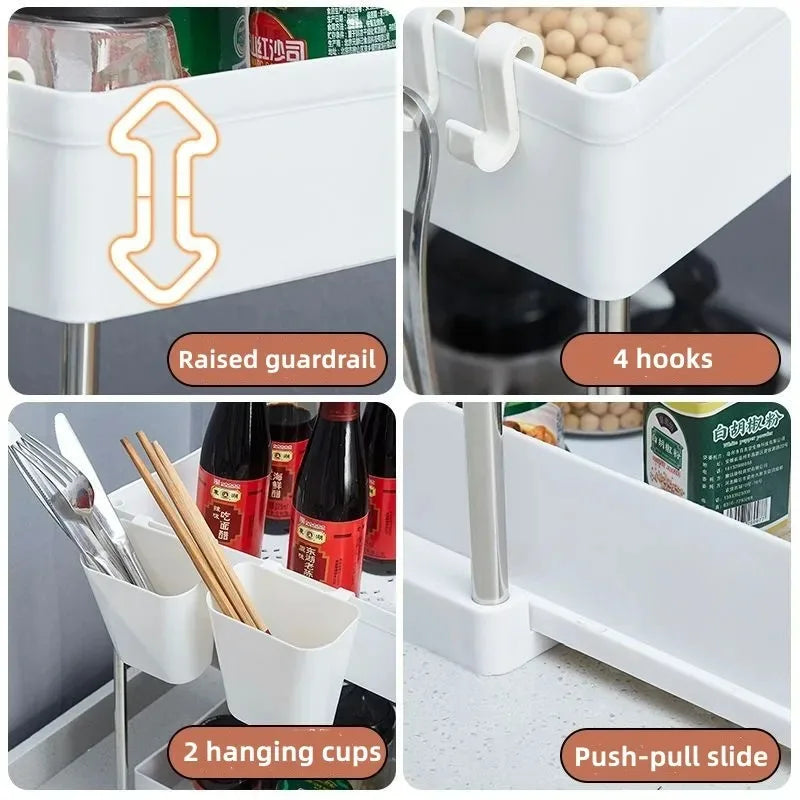 Under Sink Organizer Sliding Cabinet Basket Organizer Storage Rack with Hooks Hanging Cup Bathroom Kitchen Organizer