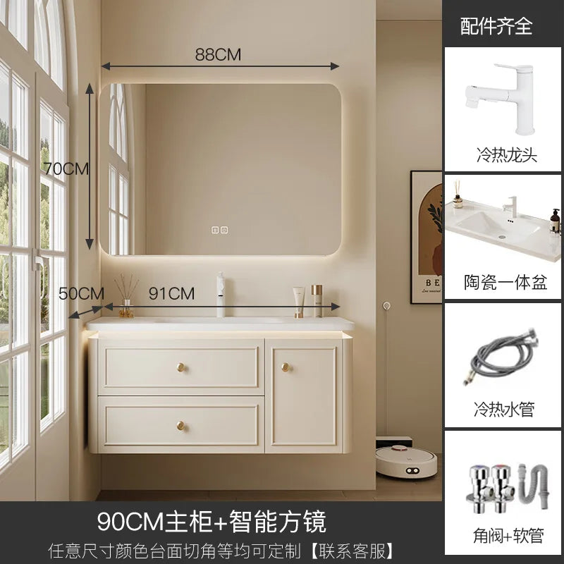 Modern Bathroom Cabinet Corian Integrated Ceramic Basin Oak Painted Cabinet French Premium Toilet Hand Wash Basin Combination
