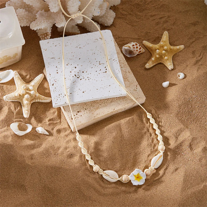 Bohemia Sea Shell Choker Necklace For Women Fashion Summer Sweet Flower Pendant Hand-woven Rope Neck Chain Jewelry Accessory
