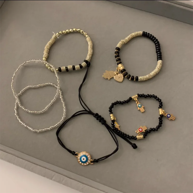 Vintage Bohemia Multilayer Elastic Beaded Bracelets Set For Women Evil Eye Beads Combination Handmade Bracelet Jewelry Gift