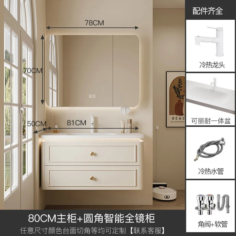 Modern Bathroom Cabinet Corian Integrated Ceramic Basin Oak Painted Cabinet French Premium Toilet Hand Wash Basin Combination