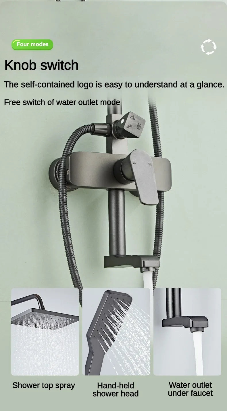 Grey Bathroom Shower Set Space Aluminum Three-function Wall Mounted Rotatable Faucets Rainfall Pressurized Shower Systerm