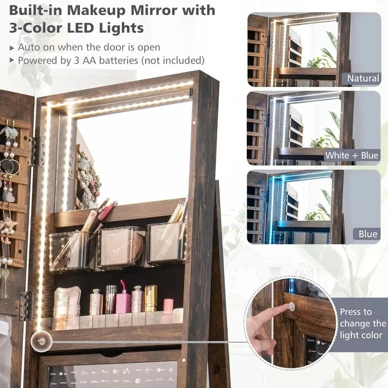Jewelry Armoire with Full Length Mirror, 63.5" H, 360° Swivel, Rear Storage Shelves