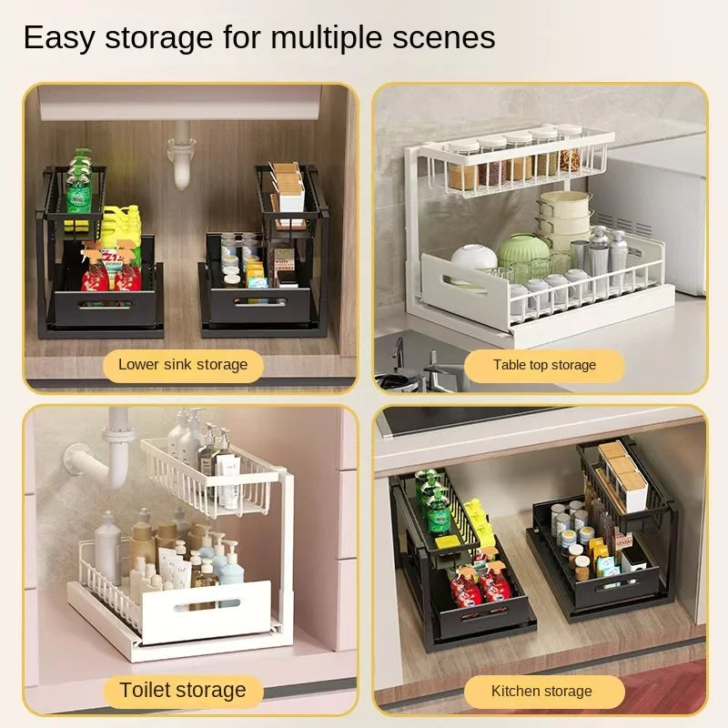 Kitchen sink cabinet organizer, multi-functional layered shelf, seasoning drawer, pull-out storage rack