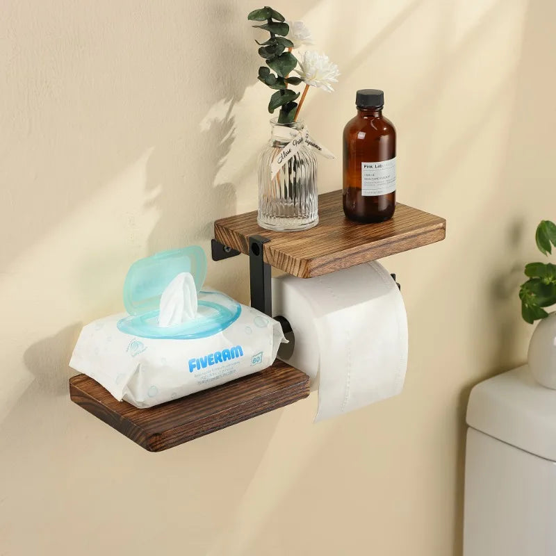 1 Wooden Wall Mounted Toilet Paper Holder Hanging Tissue Roll Dispenser, Iron Tissue Holder Bathroom Accessories