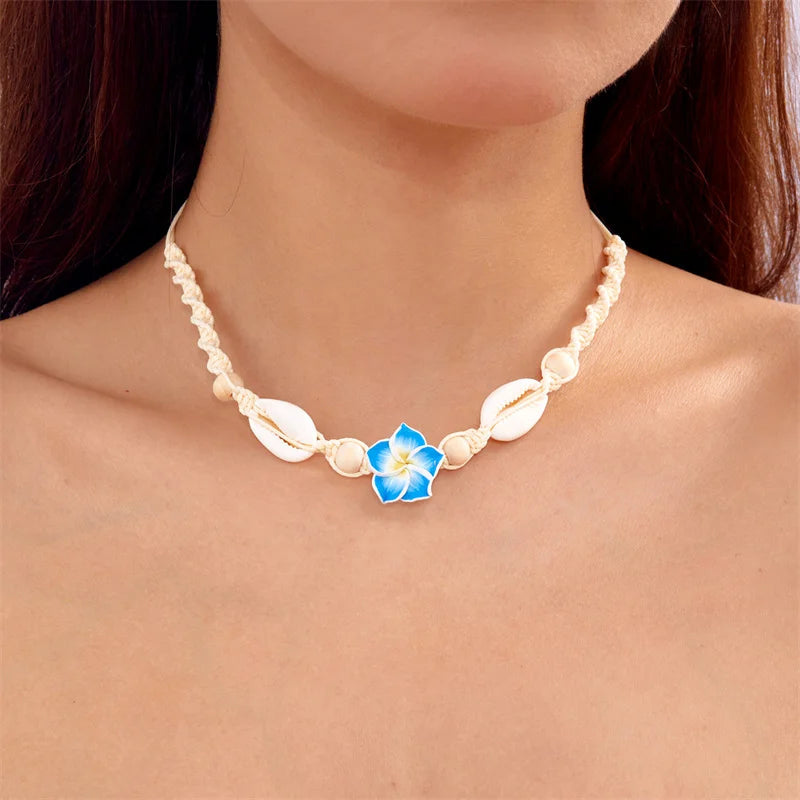 Bohemia Sea Shell Choker Necklace For Women Fashion Summer Sweet Flower Pendant Hand-woven Rope Neck Chain Jewelry Accessory