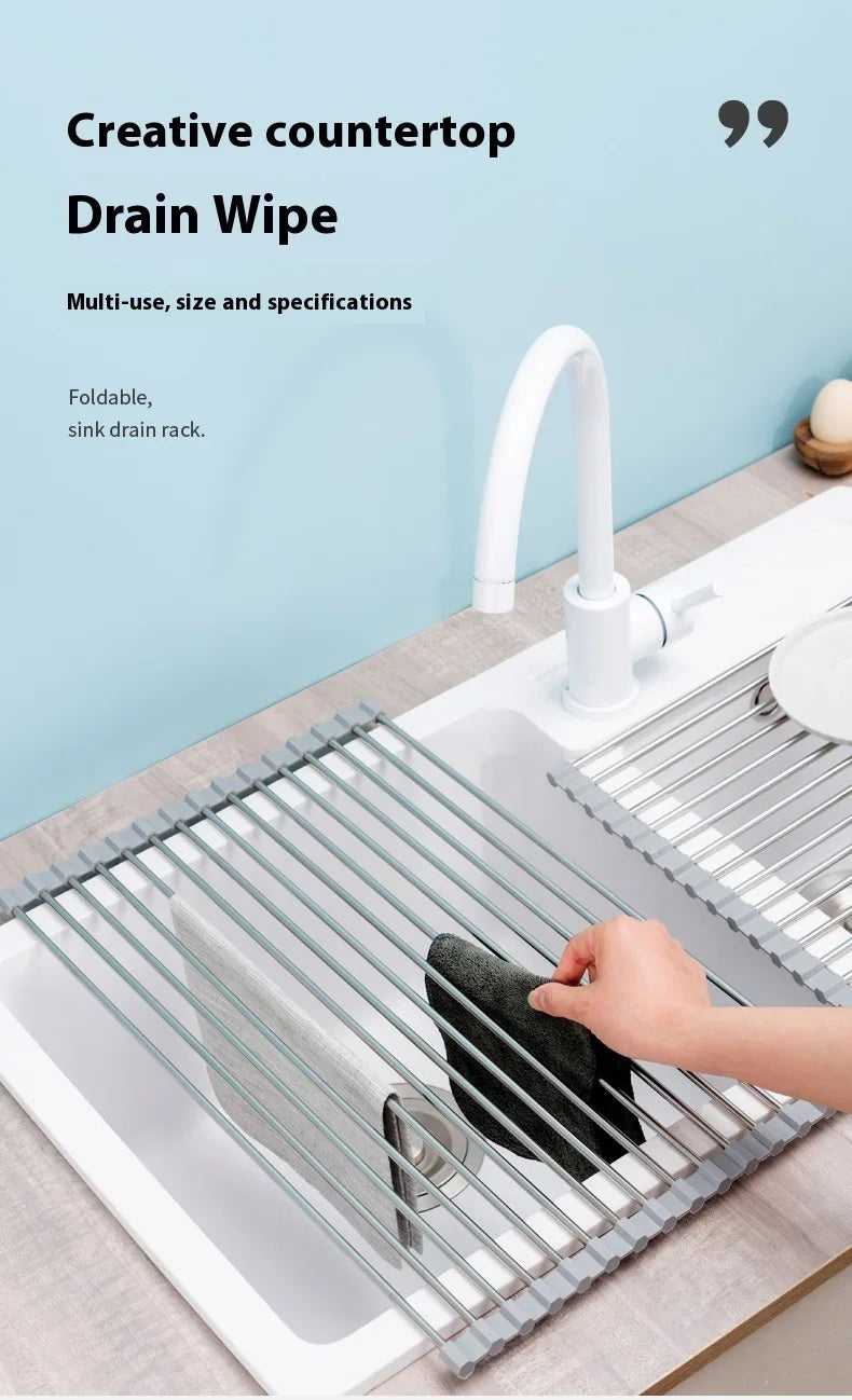 ZEXEF Roll Up Dish Drainer Shelf Stainless Steel Sink Drying Holder Foldable Food Rack Vegetable Washing Stand Kitchen Organizer