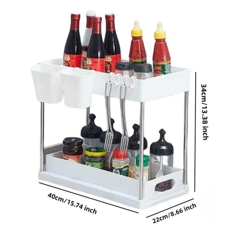 Under Sink Organizer Sliding Cabinet Basket Organizer Storage Rack with Hooks Hanging Cup Bathroom Kitchen Organizer