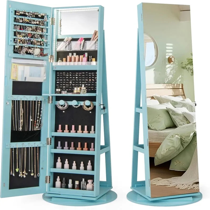 Jewelry Armoire with Full Length Mirror, 63.5" H, 360° Swivel, Rear Storage Shelves