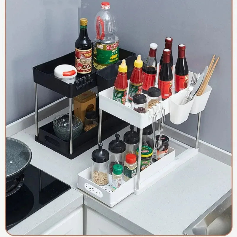 Under Sink Organizer Sliding Cabinet Basket Organizer Storage Rack with Hooks Hanging Cup Bathroom Kitchen Organizer