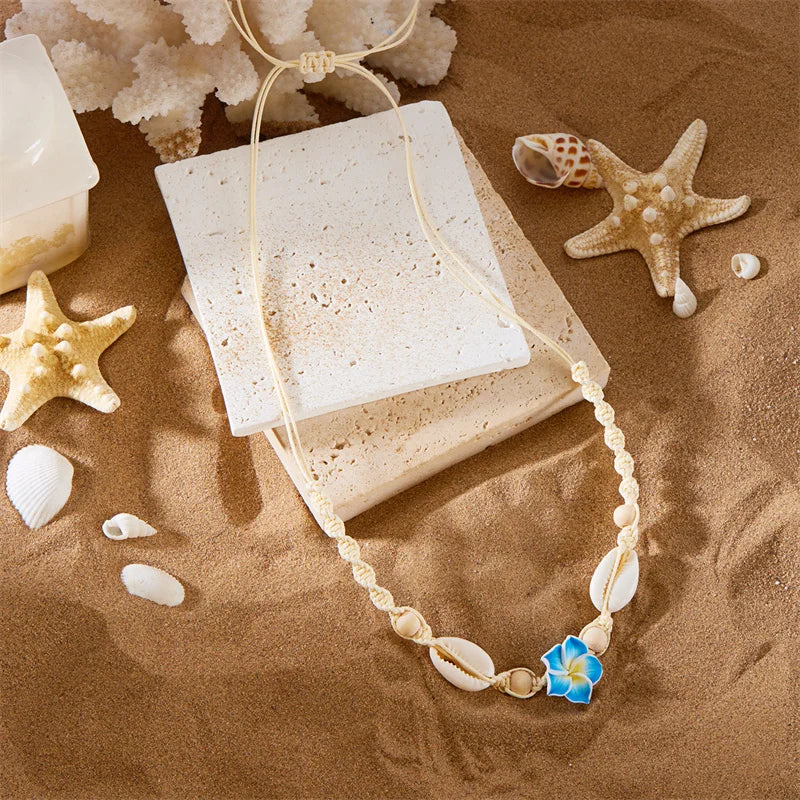 Bohemia Sea Shell Choker Necklace For Women Fashion Summer Sweet Flower Pendant Hand-woven Rope Neck Chain Jewelry Accessory