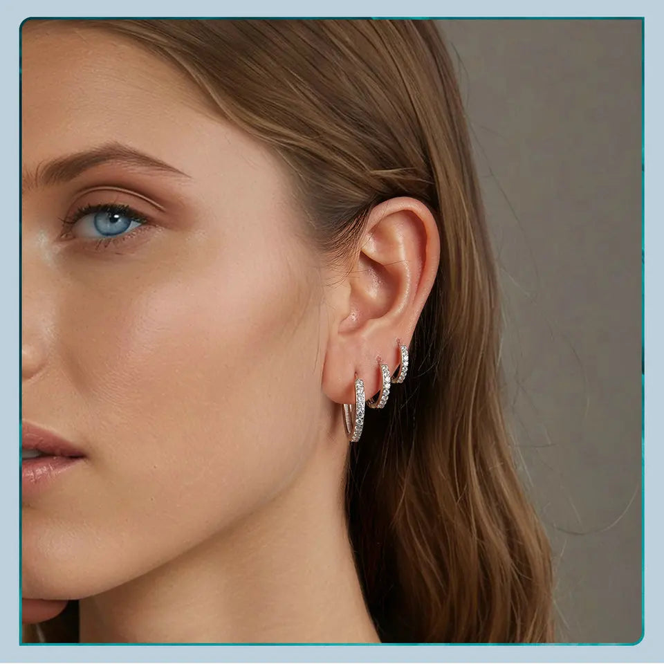 BAMOER 925 Sterling Silver Classic CZ Huggie Hoop Earrings, White Gold Plated Cartilage Piercing Earrings Ear Cuff for Women