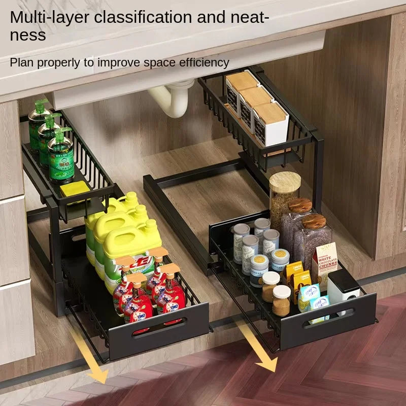 Kitchen sink cabinet organizer, multi-functional layered shelf, seasoning drawer, pull-out storage rack