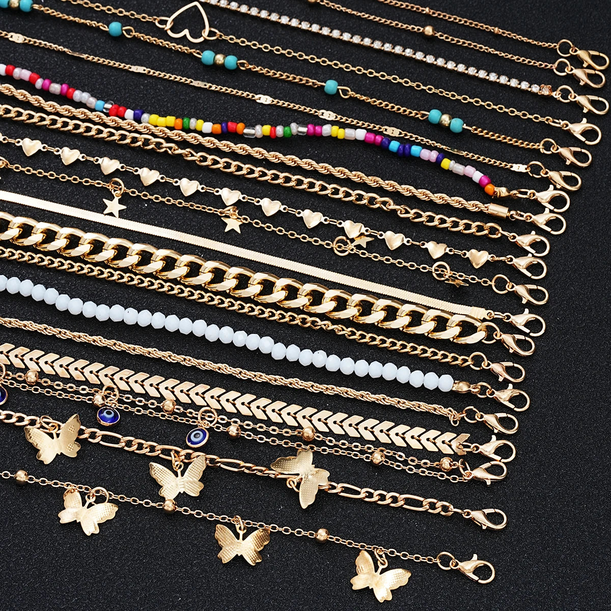 23Pcs Bohemian Summer Beach Anklet Set For Women Vintage Butterfly Heart Crystal Pendant Foot Bracelets Fashion Jewelry Gift New