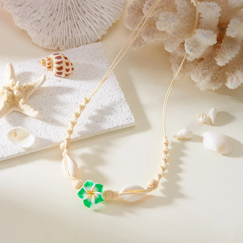 Bohemia Sea Shell Choker Necklace For Women Fashion Summer Sweet Flower Pendant Hand-woven Rope Neck Chain Jewelry Accessory