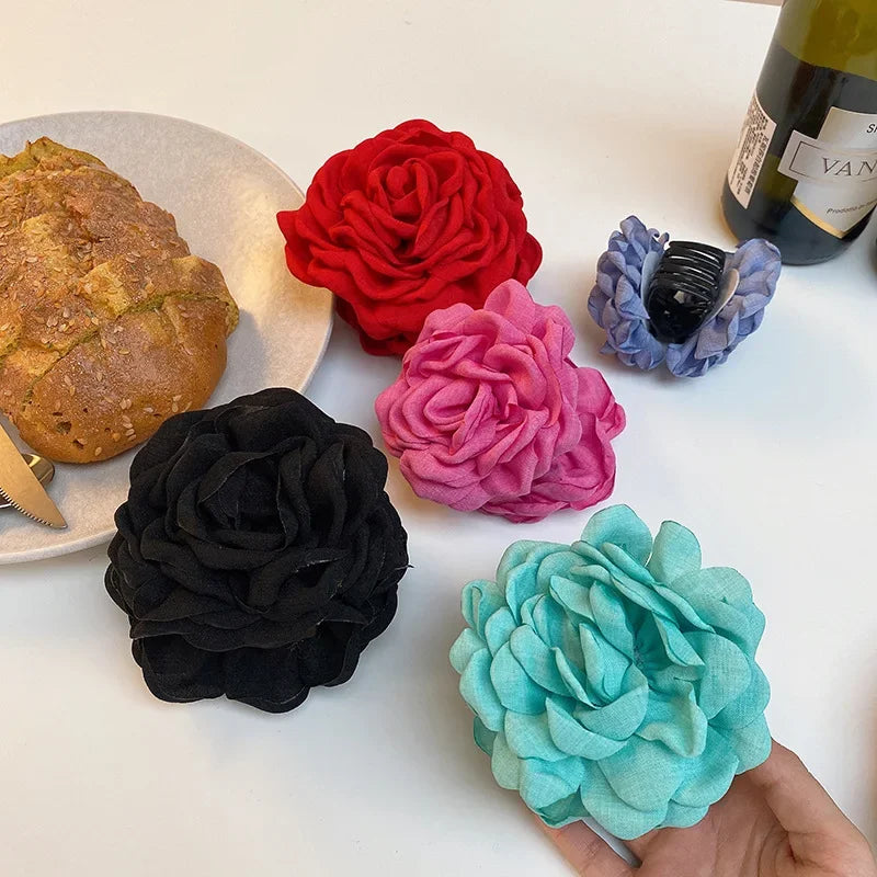 Korean Fabric Rose Flower Hair Claw Clip Women Girls Fashion Barrettes Plastic Hair Grab Clamp Headwear Hair Accessories