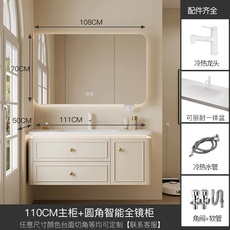 Modern Bathroom Cabinet Corian Integrated Ceramic Basin Oak Painted Cabinet French Premium Toilet Hand Wash Basin Combination