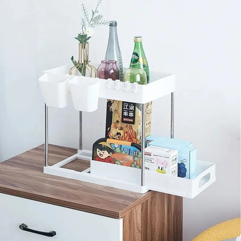 Under Sink Organizer Sliding Cabinet Basket Organizer Storage Rack with Hooks Hanging Cup Bathroom Kitchen Organizer