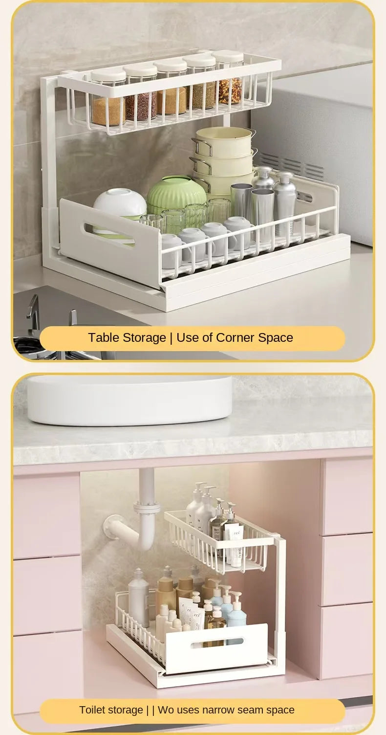Kitchen sink cabinet organizer, multi-functional layered shelf, seasoning drawer, pull-out storage rack