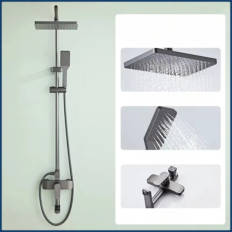 Grey Bathroom Shower Set Space Aluminum Three-function Wall Mounted Rotatable Faucets Rainfall Pressurized Shower Systerm