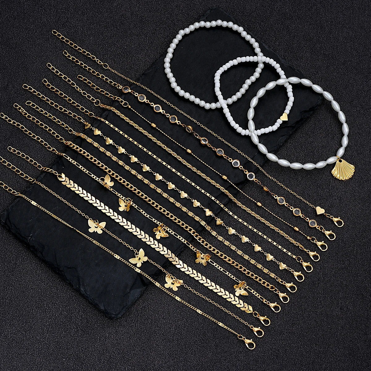 15pcs Bohemian Elegant Gold Color Anklets Set Shell Pearl Butterfly Heart Charms Multi-Layer Fashion Jewelry For Women Summer