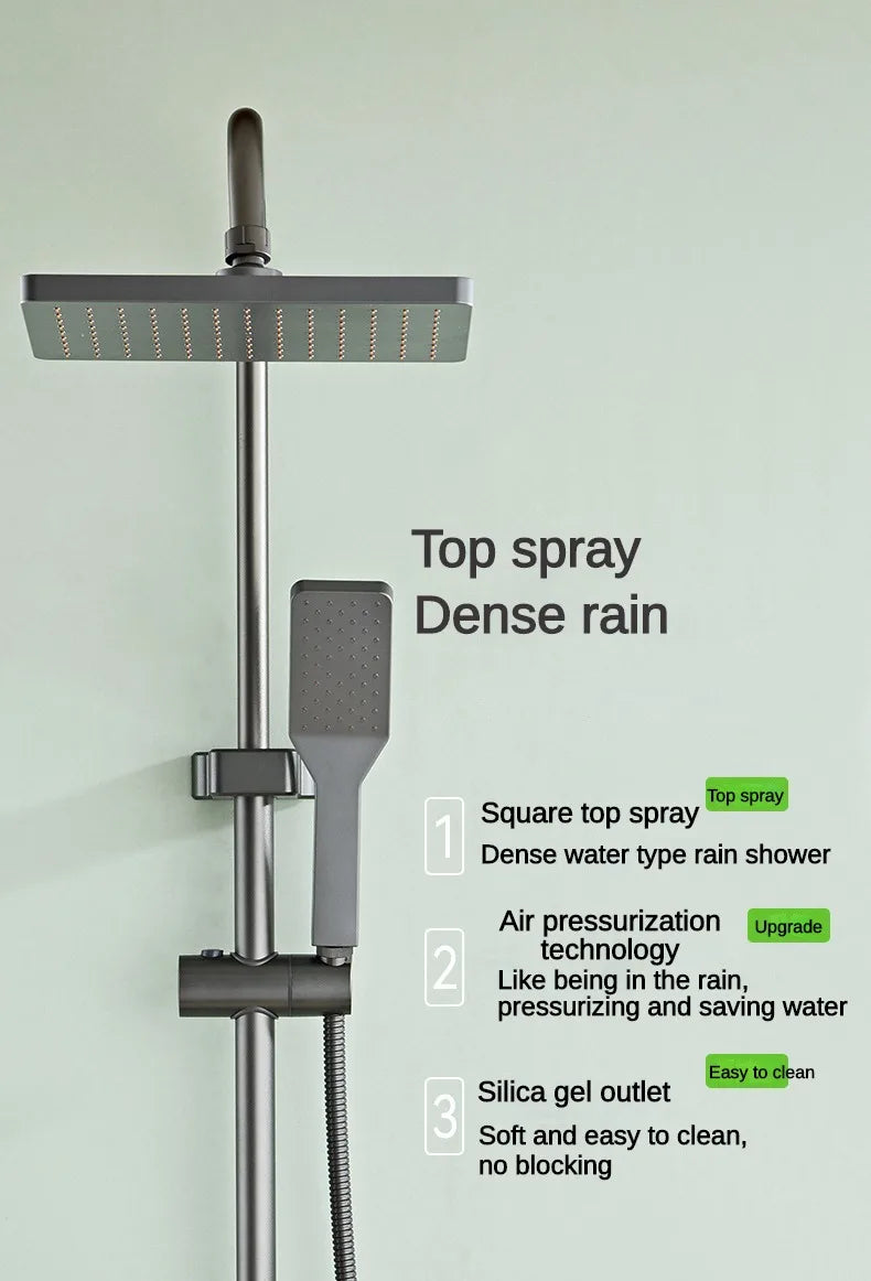 Grey Bathroom Shower Set Space Aluminum Three-function Wall Mounted Rotatable Faucets Rainfall Pressurized Shower Systerm