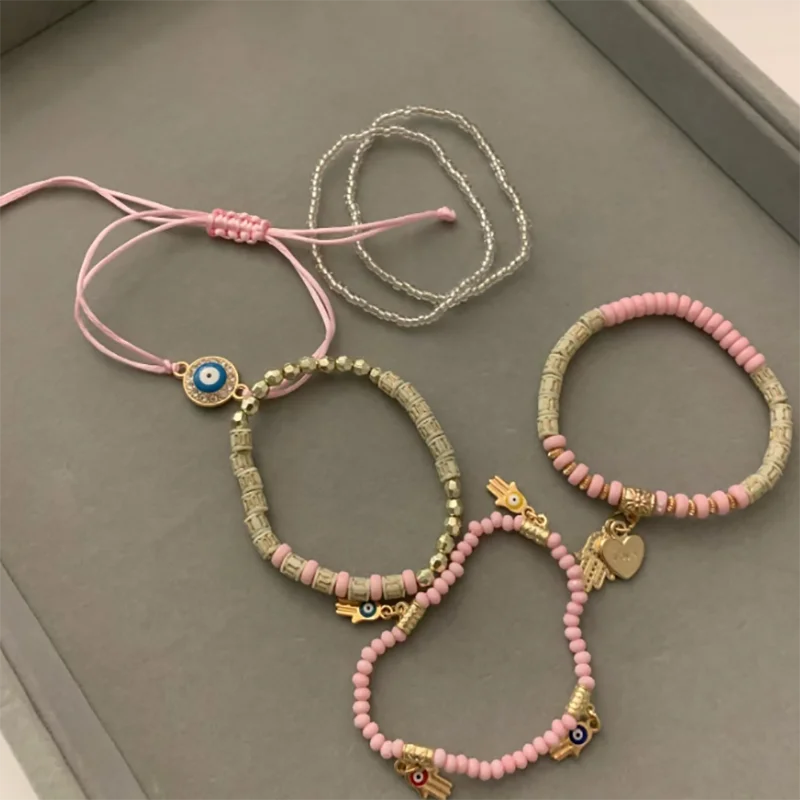 Vintage Bohemia Multilayer Elastic Beaded Bracelets Set For Women Evil Eye Beads Combination Handmade Bracelet Jewelry Gift