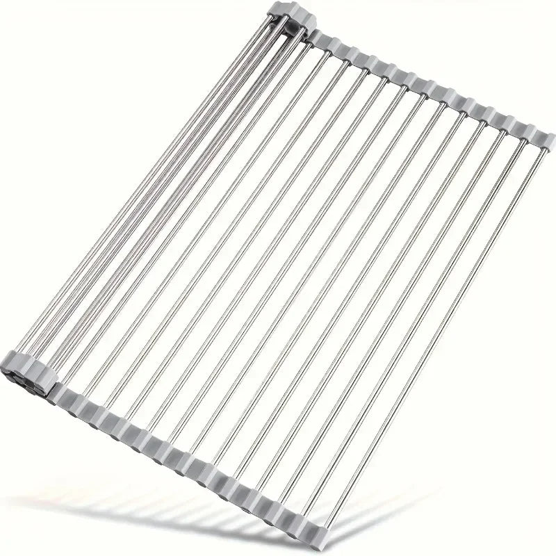 ZEXEF Roll Up Dish Drainer Shelf Stainless Steel Sink Drying Holder Foldable Food Rack Vegetable Washing Stand Kitchen Organizer