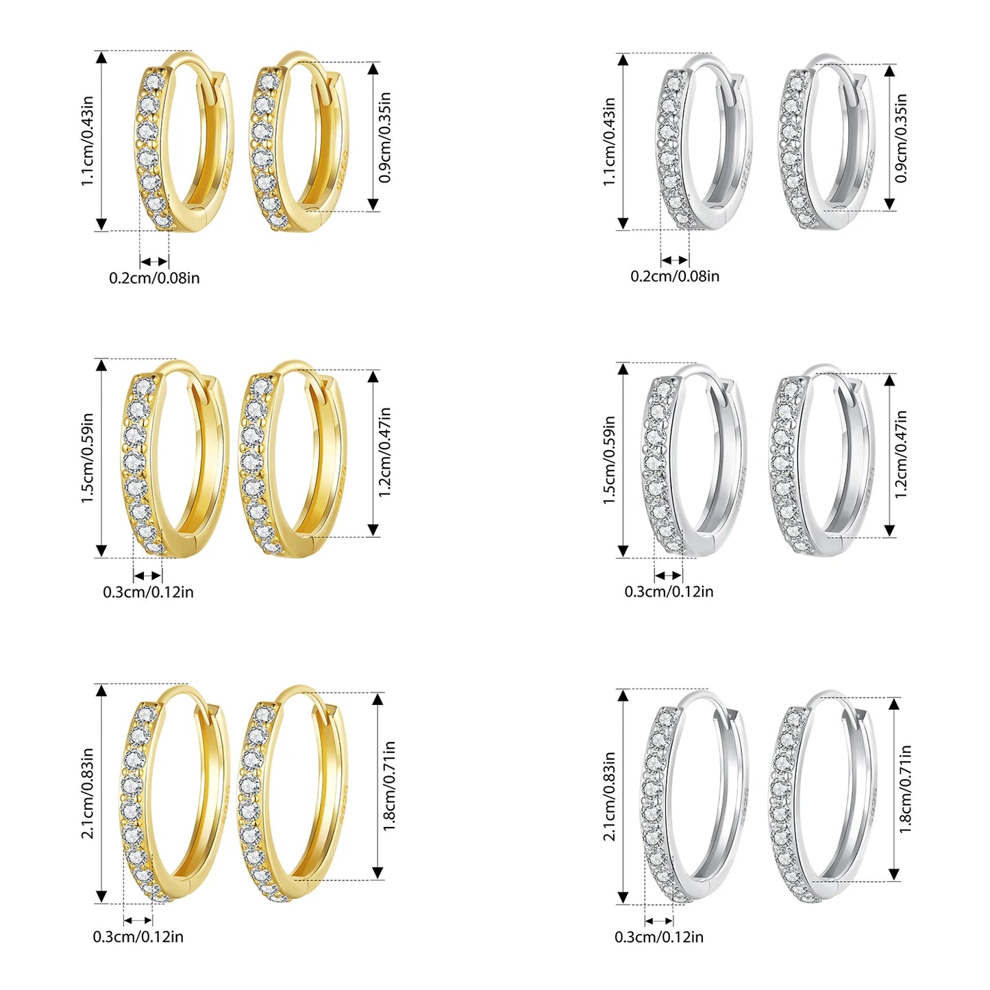 BAMOER 925 Sterling Silver Classic CZ Huggie Hoop Earrings, White Gold Plated Cartilage Piercing Earrings Ear Cuff for Women